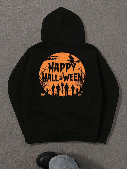 Women's Graphic Hoodie Happy Halloween Orange Moon Silhouette With Bats Trees And Walking Zombies