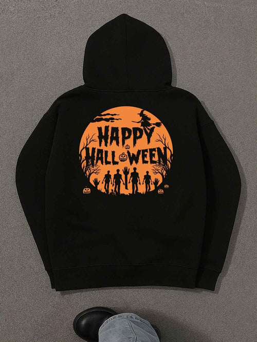Women's Graphic Hoodie Happy Halloween Orange Moon Silhouette With Bats Trees And Walking Zombies