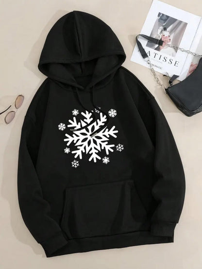 Women's Graphic Hoodie Bold White Snowflake Surrounded By Smaller Snowflakes Hoodie