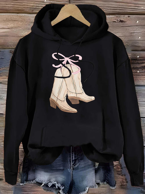 Women's Graphic Hoodie Chic Ribbon With Soft Pink Glow Featuring Hanging Cowboy Boots