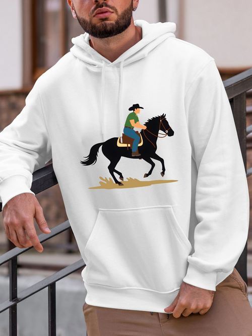 Men's Graphic Hoodie Peaceful Countryside Morning With Cowboy Riding Strong Black Horse