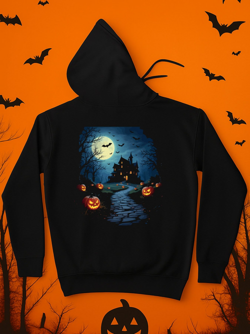 Men's Graphic Hoodie Full Moon Night With Glowing Jackolanterns And Haunted Castle
