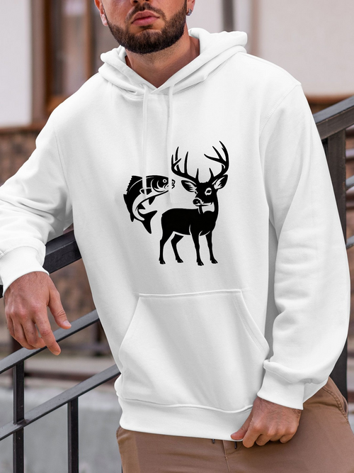 Men's Graphic Hoodie Retro Wildlife Silhouette With Leaping Fish Among Forest Deer