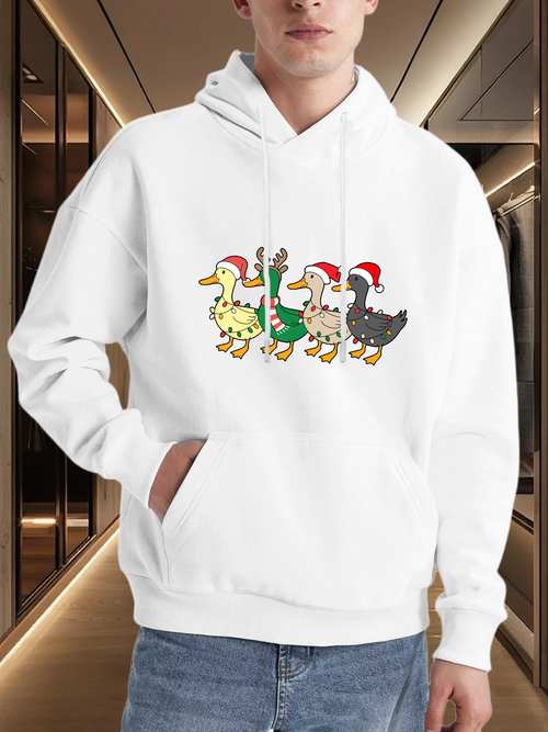 Men's Graphic Hoodie Four Playful Ducks Wearing Santa Hats Together Duck