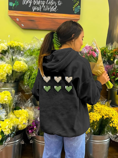 Women's Graphic Hoodie Pixelated Green Hearts Flowing Across Black Hoodie