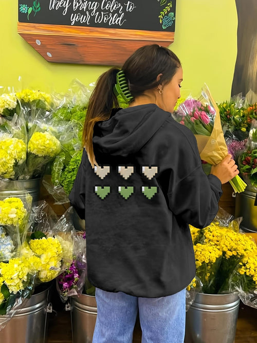 Women's Graphic Hoodie Pixelated Green Hearts Flowing Across Black Hoodie