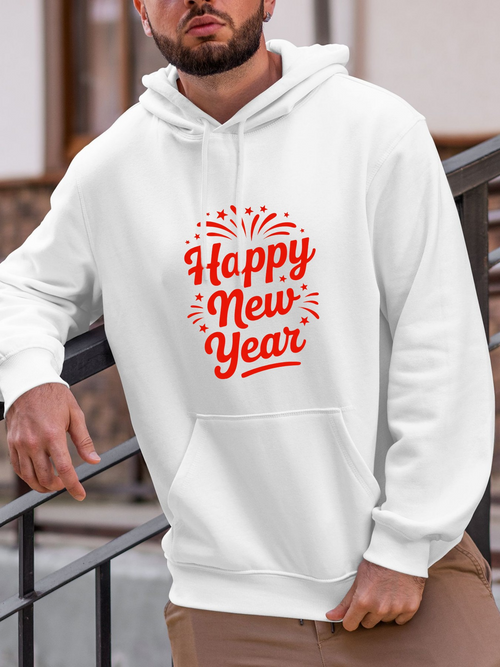 Men's Graphic Hoodie Happy New Year Festive Red Fireworks And Sparkles Above Letters