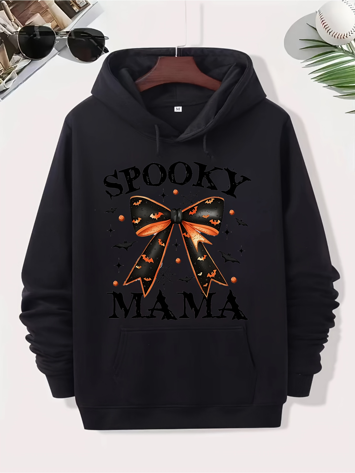 Men's Graphic Hoodie Spooky Mama Orange Polka Dot Ribbon With Halloween Stars Bow