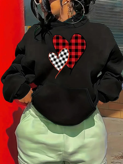 Women's Graphic Hoodie Checkered And Plaid Patterned Hearts With Subtle Shadow Heart