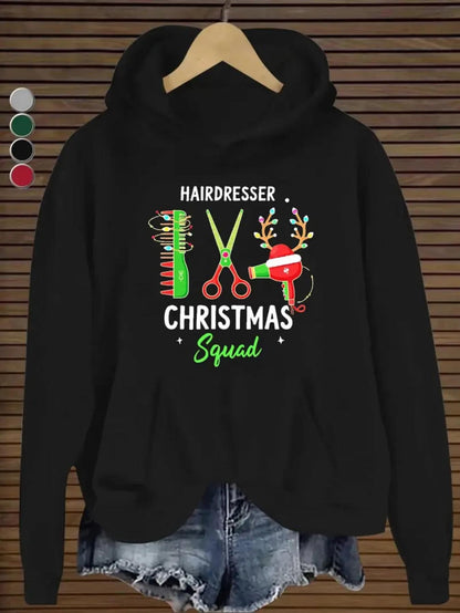 Women's Graphic Hoodie Hairdresser Christmas Squad With Scissors Combs And Festive Holiday Elements