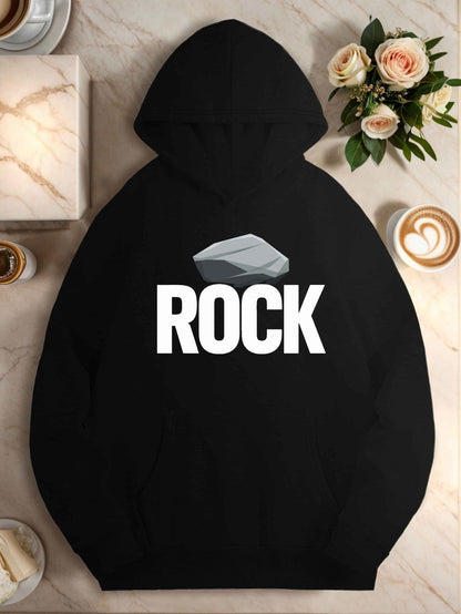 Women's Graphic Hoodie Bold Lettering With Grey Stone Above Centered Rock Text Rock