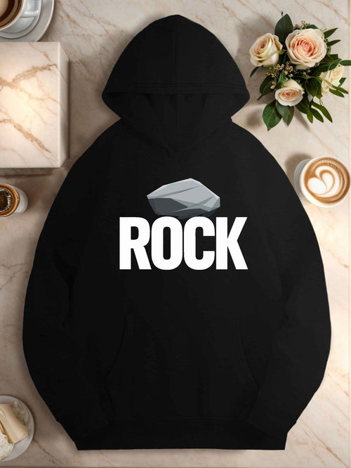 Women's Graphic Hoodie Bold Lettering With Grey Stone Above Centered Rock Text Rock