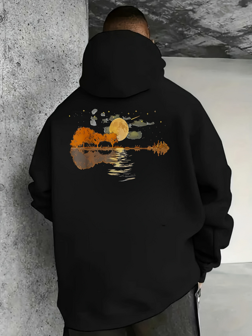 Men's Graphic Hoodie Sunset Lake Reflections Under Full Moon Guitar