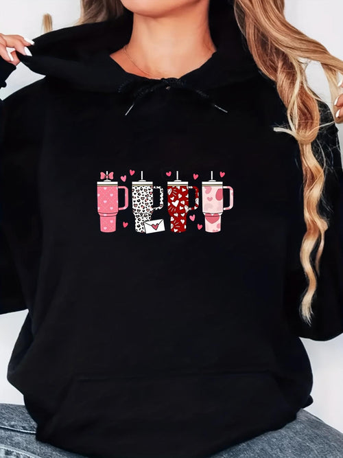 Women's Graphic Hoodie Valentine Themed Hearts And Polka Dot Printed Coffee Cups