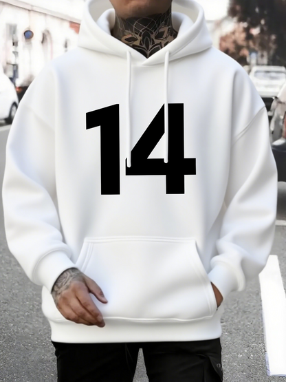 Men's Graphic Hoodie Bold Black Number Fourteen On White Hoodie