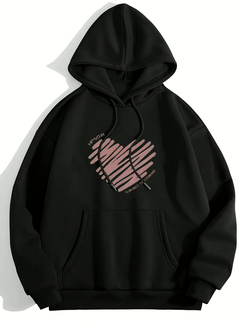 Women's Graphic Hoodie Hand Drawn Sketch Lines Patterned Pink Heart