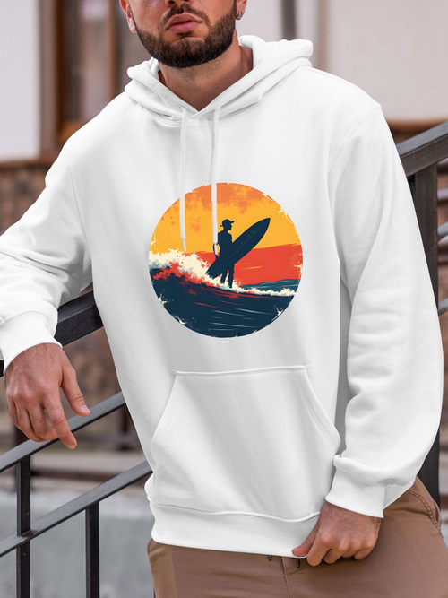 Men's Graphic Hoodie Retro Sunset Waves With Bold Surfer Silhouette And Crashing Ocean