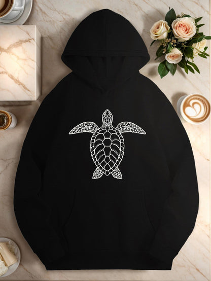 Women's Graphic Hoodie Intricate Tribal Pattern Swimming Serenely On Dark Black Turtle