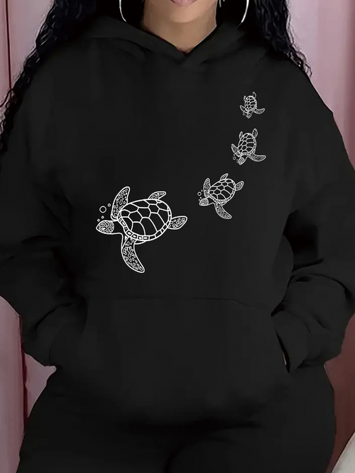 Women's Graphic Hoodie Playful Sea Turtles Swimming Upward On Black Fabric Turtle