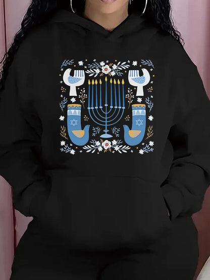 Women's Graphic Hoodie Folk Art Pattern With Floral Details Surrounding Holiday Candles Menorah