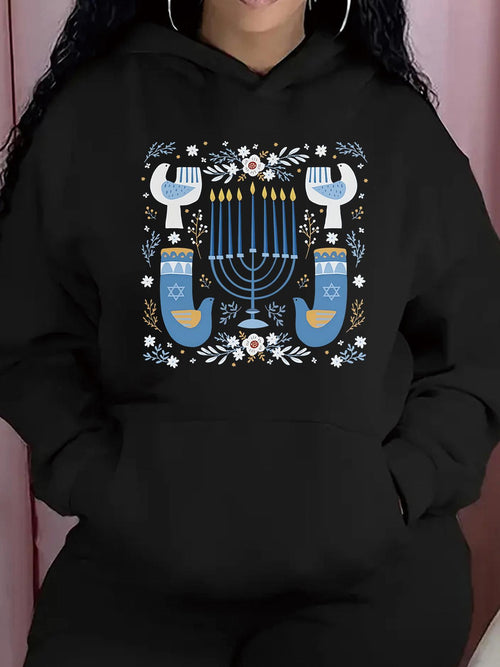 Women's Graphic Hoodie Folk Art Pattern With Floral Details Surrounding Holiday Candles Menorah