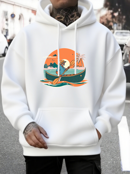 Men's Graphic Hoodie Golden Sun Over Water With Palm Trees And Serene Island Boat