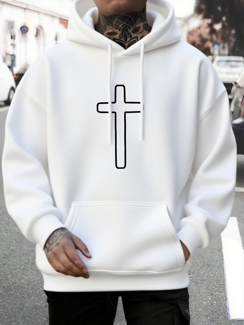 Men's Graphic Hoodie Minimalist Black Outlined Cross On Plain Cotton Hoodie