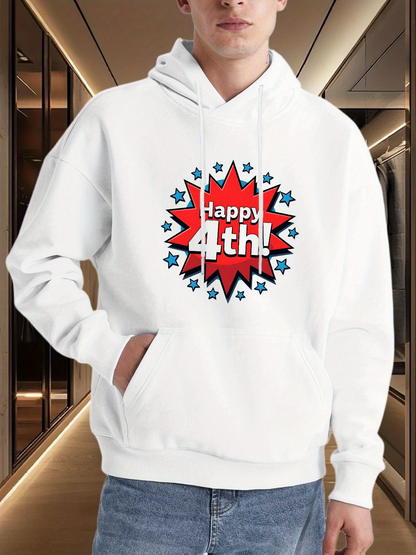 Men's Graphic Hoodie Happy 4th Red Blue Burst With Radiating Stars Graphic Hoodie