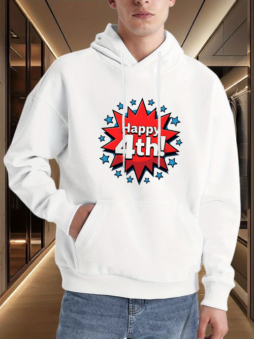 Men's Graphic Hoodie Happy 4th Red Blue Burst With Radiating Stars Graphic Hoodie