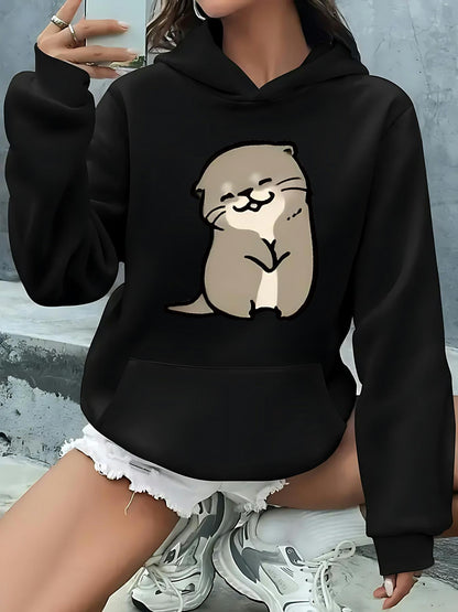 Women's Graphic Hoodie Adorable Smiling Otter Sitting With Gentle Curves Cartoon Style Otter
