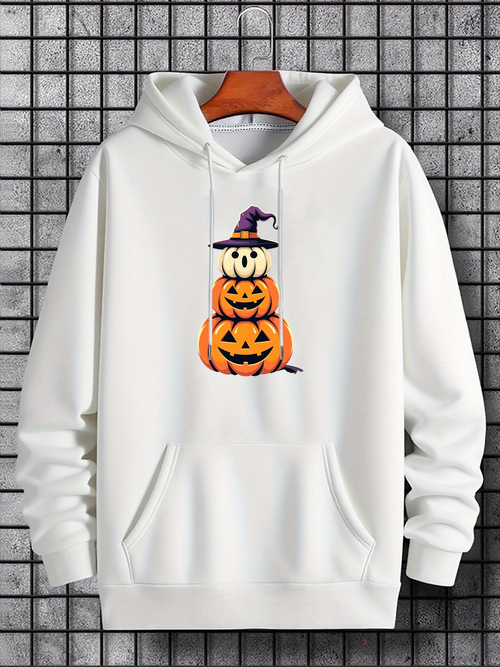 Men's Graphic Hoodie Stacked Pumpkins With Witch Hat And Playful Halloween Theme Pumpkins