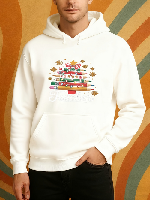 Men's Graphic Hoodie Multicolored Festive Books Arranged Like A Christmas Tree