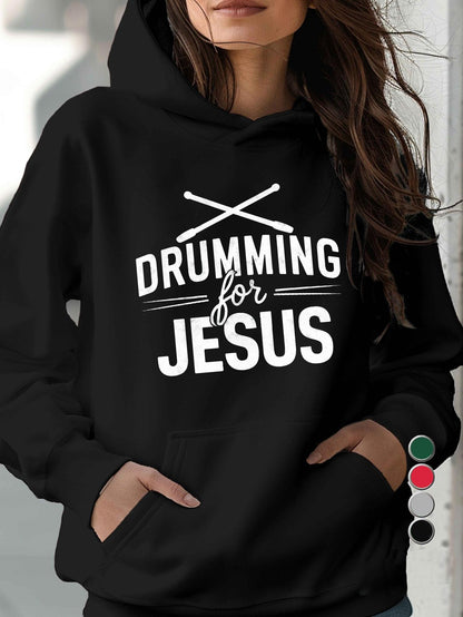 Women's Graphic Hoodie Drumming For Jesus Bold Lettering With Crossed Drumsticks Black Hoodie