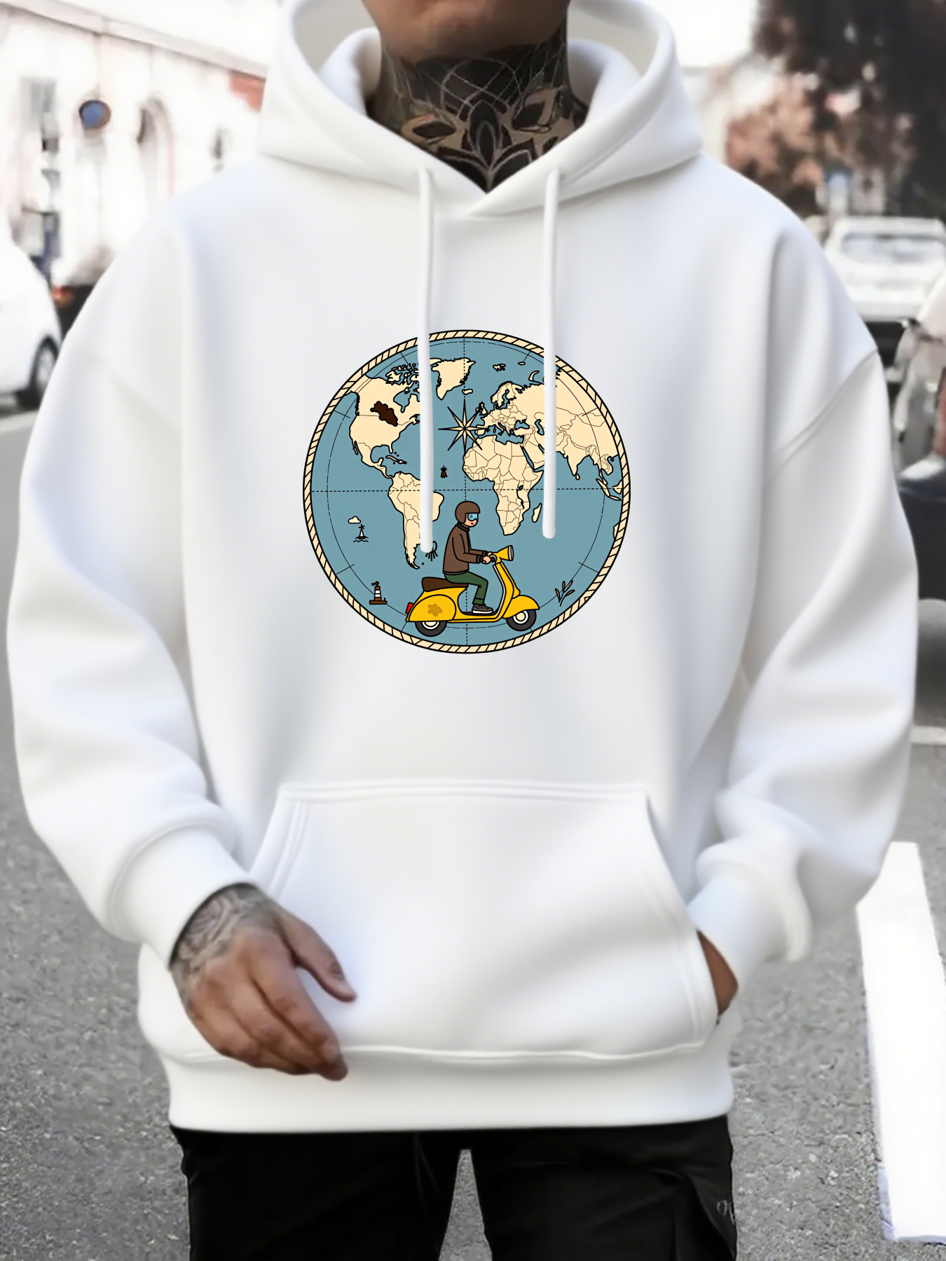 Men's Graphic Hoodie Travel Adventure On Yellow Scooter With World Map Background