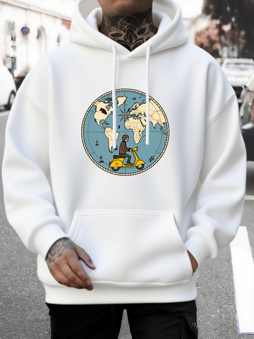 Men's Graphic Hoodie Travel Adventure On Yellow Scooter With World Map Background