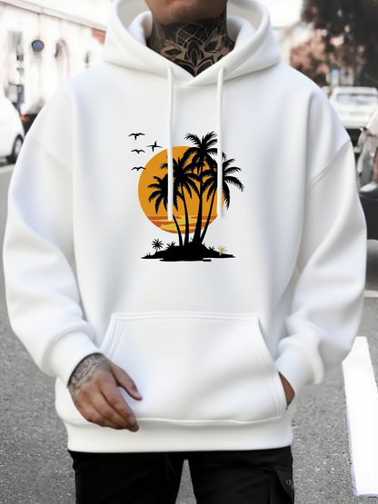 Men's Graphic Hoodie Golden Sunset With Silhouetted Palm Trees And Flying Birds Island