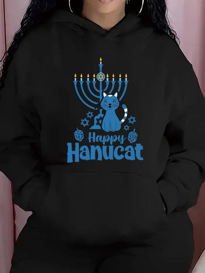 Women's Graphic Hoodie Happy Hanucat Sitting Cat With Menorah And Blue Star Accents Cat