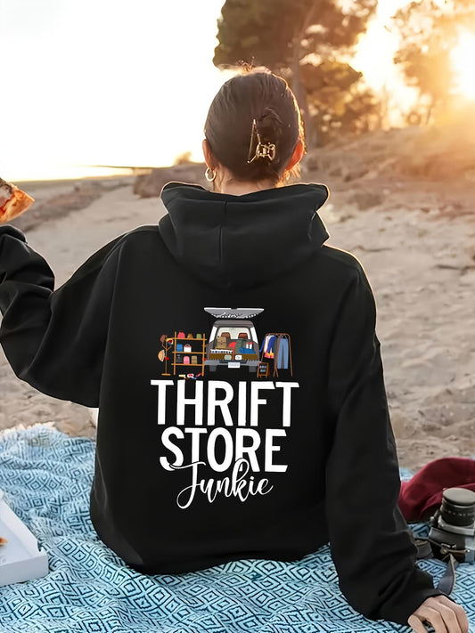 Women's Graphic Hoodie Thrift Store Junkie Colorful Vintage Treasures Arranged On Shelves Under Bold Letters