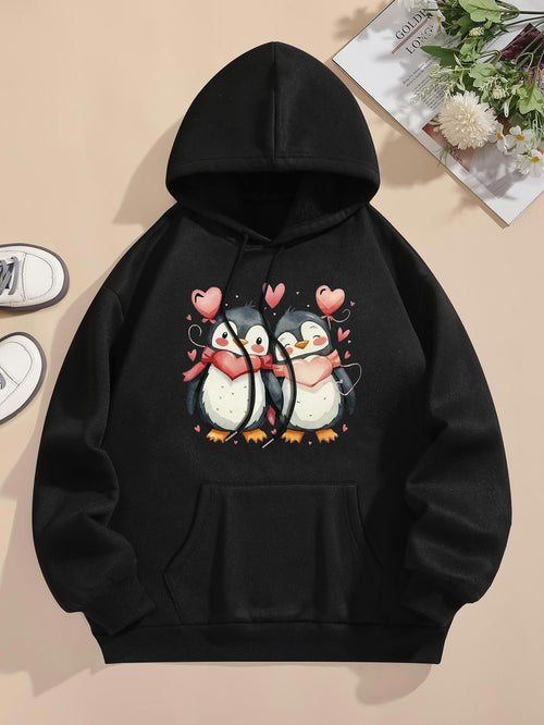Women's Graphic Hoodie Playful Cartoon Heart Balloons With Two Adorable Penguins