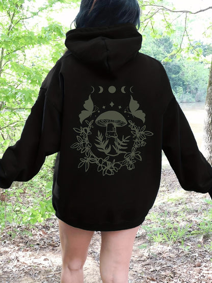 Women's Graphic Hoodie Mystical Forest With Crescent Moons Leaves Butterflies And Mushrooms Design Mushroom
