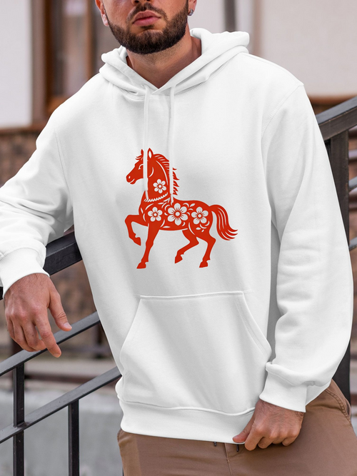 Men's Graphic Hoodie Fiery Red Wild Horse With Decorative Floral Pattern Body Horse