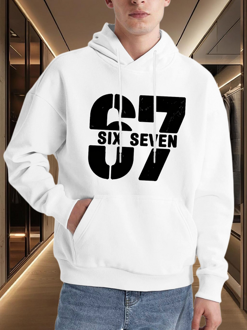 Men's Graphic Hoodie Large Black Block Numbers With Bold Text Across Center Seventy Seven Hoodie