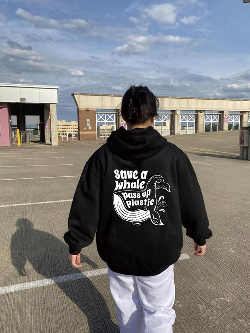 Women's Graphic Hoodie Save A Whale Text With Splashing Water Under Striking Ocean Sky Whale
