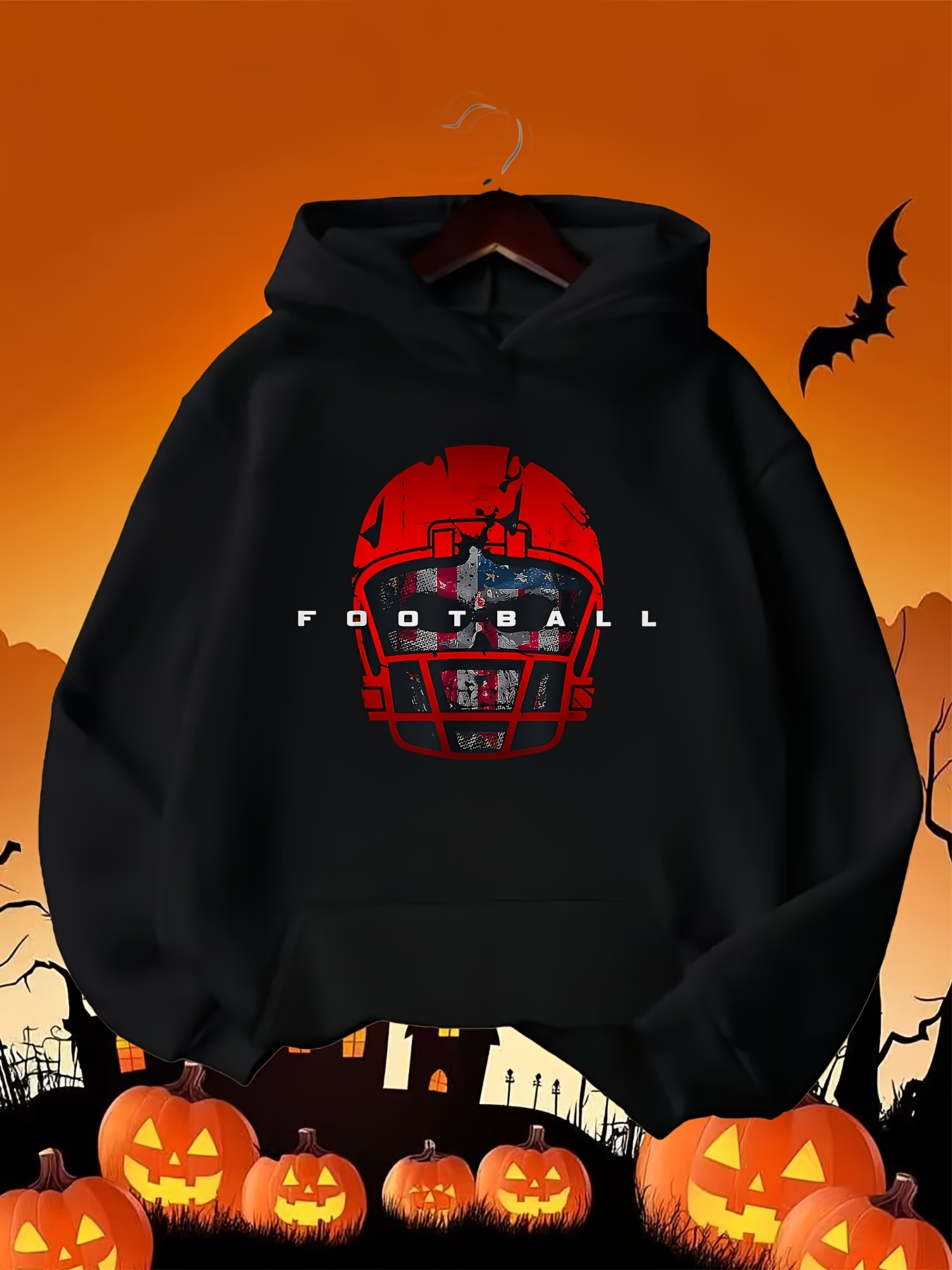 Men's Graphic Hoodie Shadowed Red Helmet With Glowing Light And Detailed Football Mask