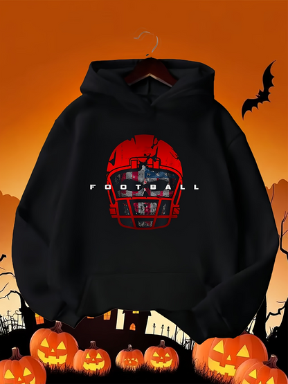 Men's Graphic Hoodie Shadowed Red Helmet With Glowing Light And Detailed Football Mask