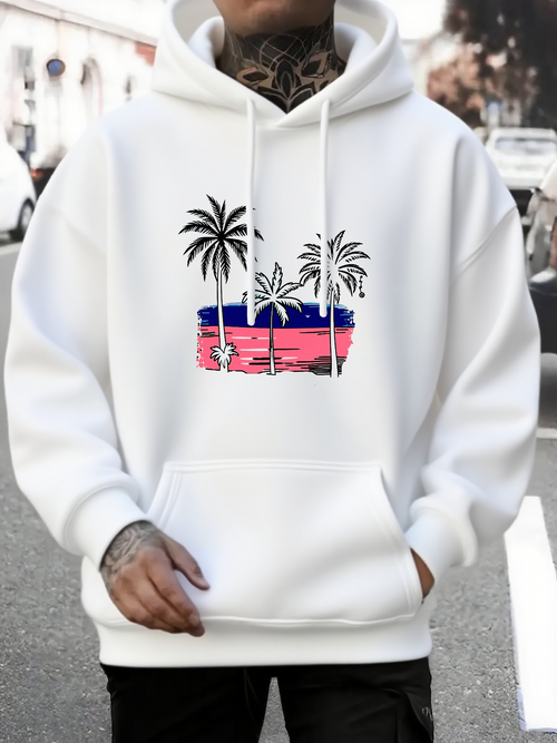 Men's Graphic Hoodie Vibrant Sunset With Palm Trees Over A Calm Ocean Beach