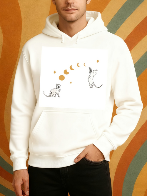 Men's Graphic Hoodie Celestial Moons And Playful Pets Under Night Sky Cat