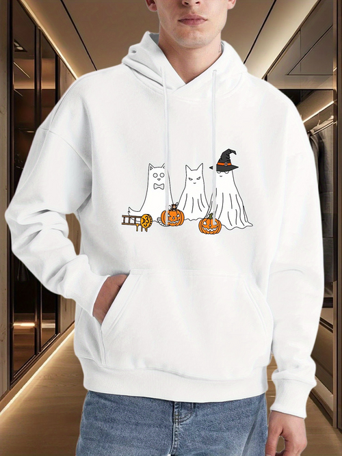 Men's Graphic Hoodie Cute Ghost Cats With Pumpkins And Witch Hat Hoodie