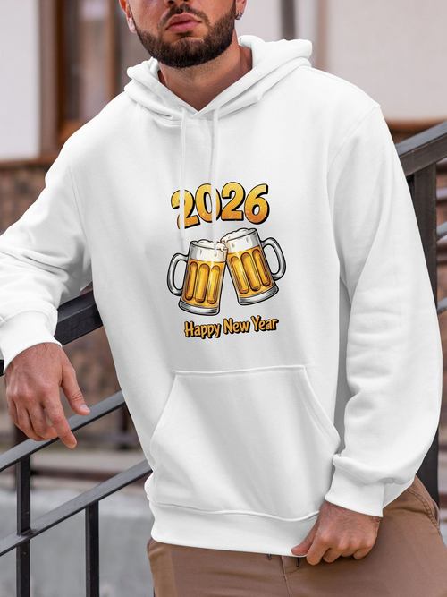 Men's Graphic Hoodie Happy New Year With Cheers Clinking Beer Mugs 2026