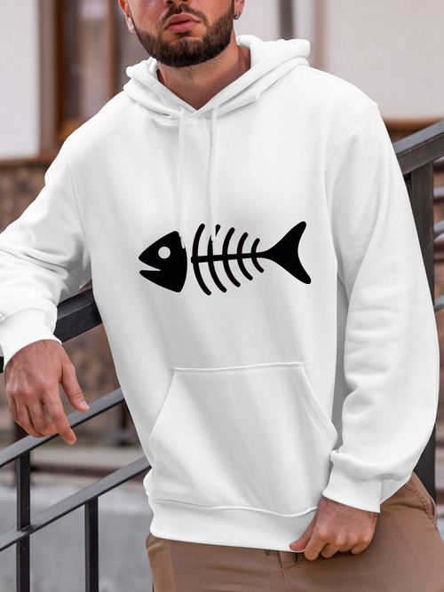 Men's Graphic Hoodie Minimalist Bold Black Skeleton Design Fish